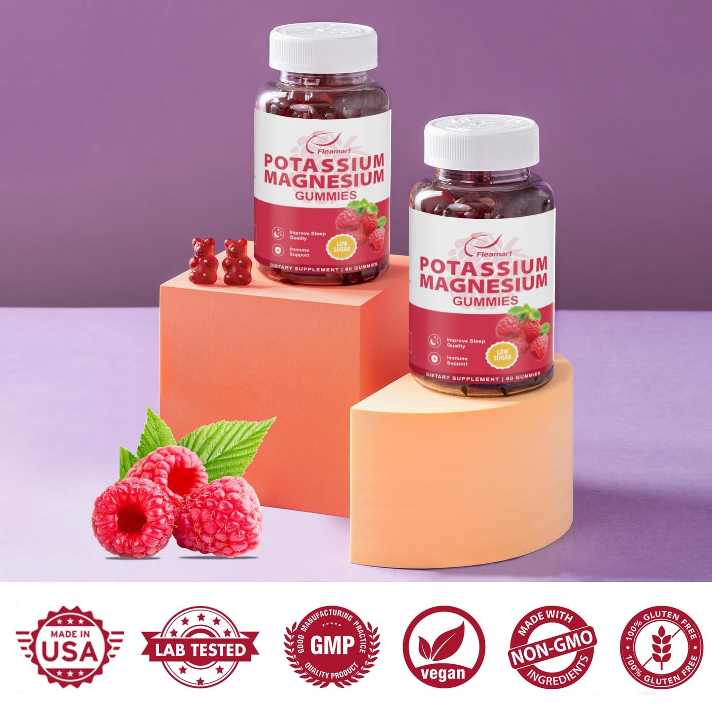 Potassium Magnesium Gummies – Potassium Citrate 99mg & Magnesium Citrate 250mg | Immune Support Raspberry, 60 Gummies (2 Pack)