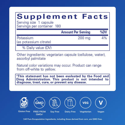 Pure Encapsulations Potassium (Citrate) – Essential Electrolyte for Nerve, Heart & Energy | 180 Capsules