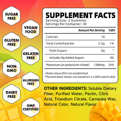 Potassium Citrate Gummies - 1200mg Potassium per Serving | Vegan Mango Flavor Gummies for Adults & Kids (120 Count)