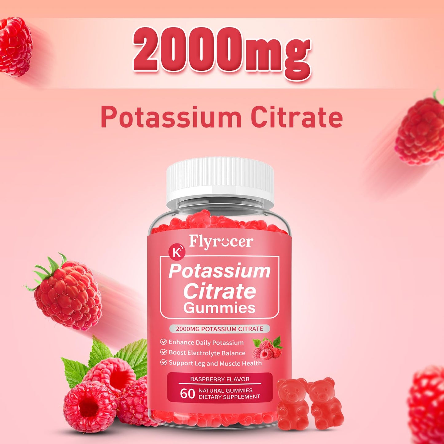 2 Pack Potassium Citrate Gummies – Raspberry, 120 Count | Supports Leg Cramps & Electrolyte Balance