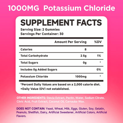 2 Pack Potassium Gummies 1000mg – Sugar-Free Raspberry (120 Count)