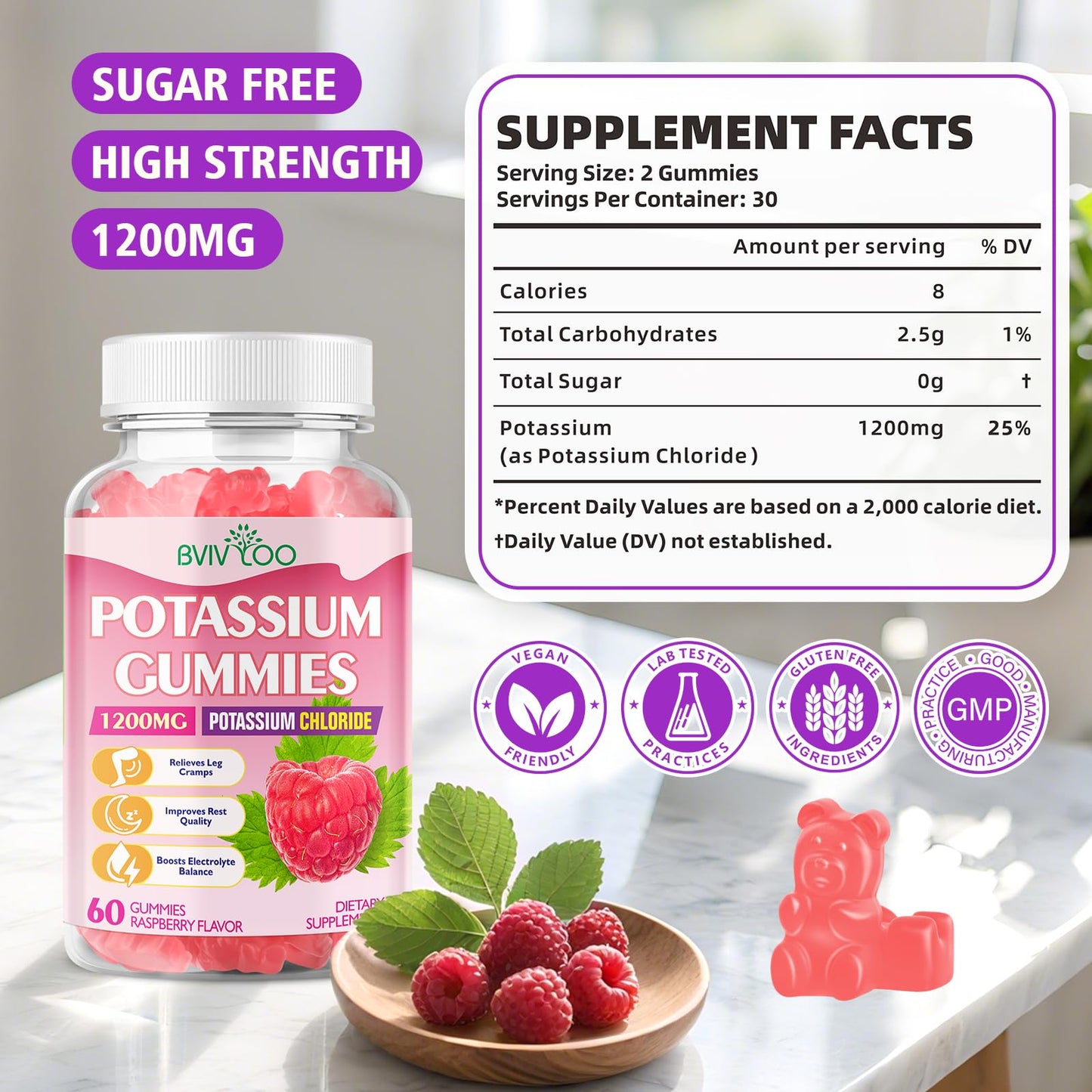 Potassium Gummies 1200mg Chloride – Muscle Health & Leg Cramps | Raspberry Flavor, 120 Count