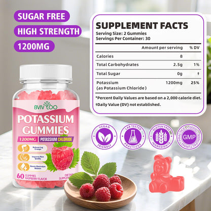 Potassium Gummies 1200mg Chloride – Muscle Health & Leg Cramps | Raspberry Flavor, 120 Count