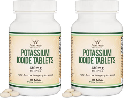 Potassium Iodide 130mg Tablets | 180 Count, 3-Month Emergency Supply | Double Wood (Pack of 2)