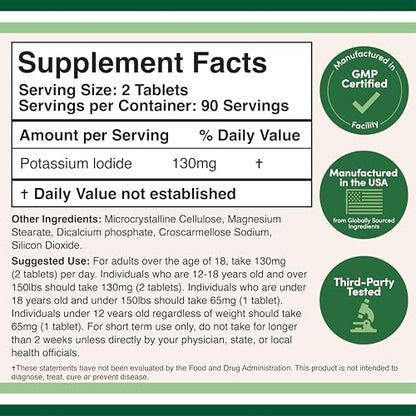 Potassium Iodide 130mg Tablets | 180 Count, 3-Month Emergency Supply | Double Wood (Pack of 2)