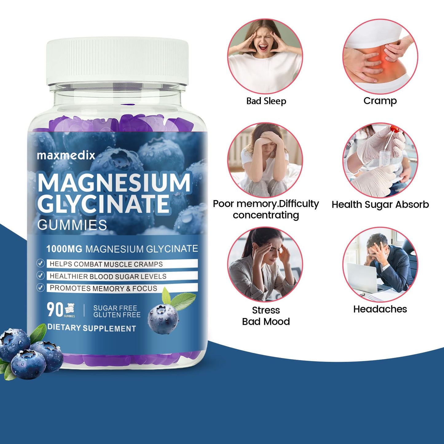 Magnesium Glycinate Gummies 1000mg — Sugar Free Potassium Magnesium Chewables (90 Gummies) with L-Threonate