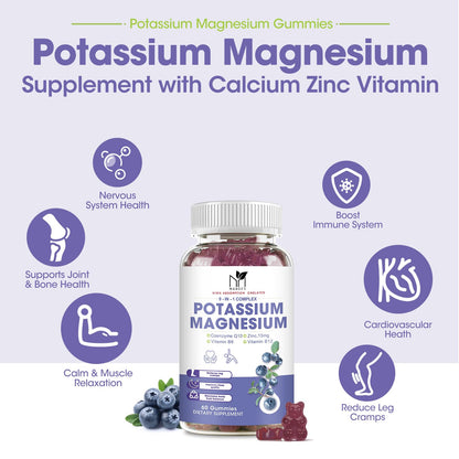 2 Pack Potassium Magnesium Gummies - Sugar-Free Magnesium Glycinate & Potassium Gummies with Calcium, Zinc, Vitamin D3, B6 & B12 for Leg Cramps & Muscle Support