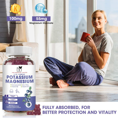 2 Pack Potassium Magnesium Gummies - Sugar-Free Magnesium Glycinate & Potassium Gummies with Calcium, Zinc, Vitamin D3, B6 & B12 for Leg Cramps & Muscle Support