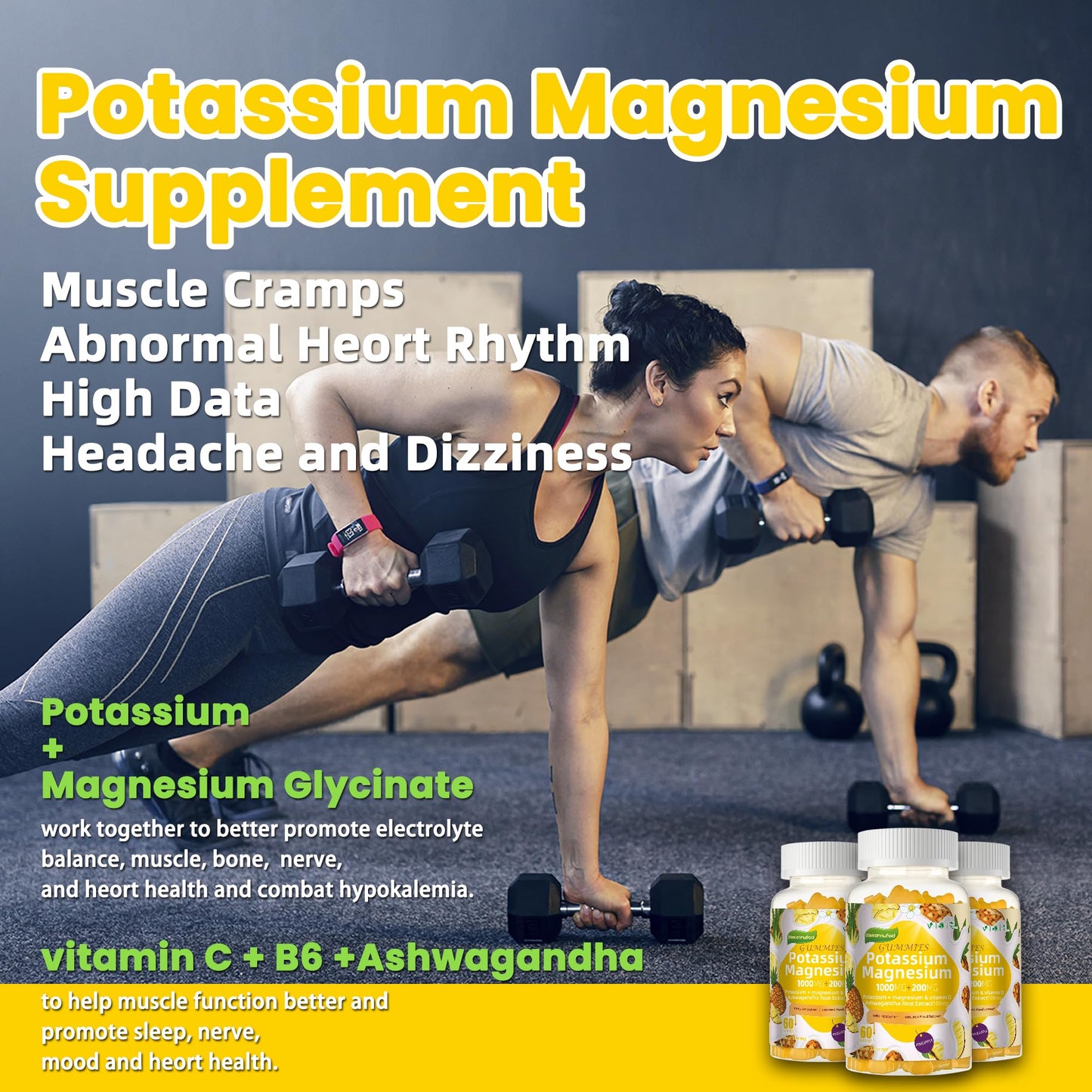 Potassium Magnesium Gummies – High Absorption Magnesium Glycinate, B6, D3 | Sugar-Free 120 Gummies