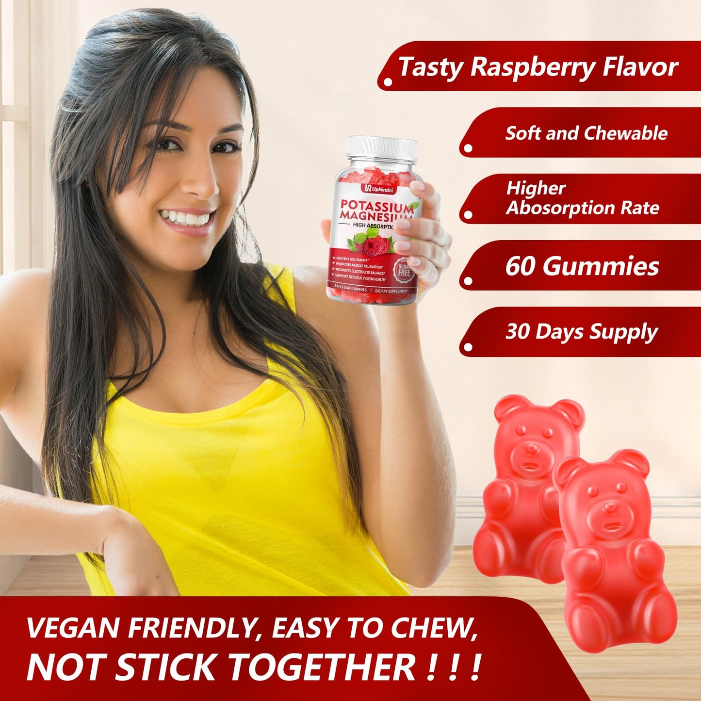 Potassium Magnesium Gummies for Adults & Kids – Sugar-Free, Vegan | 60 Count