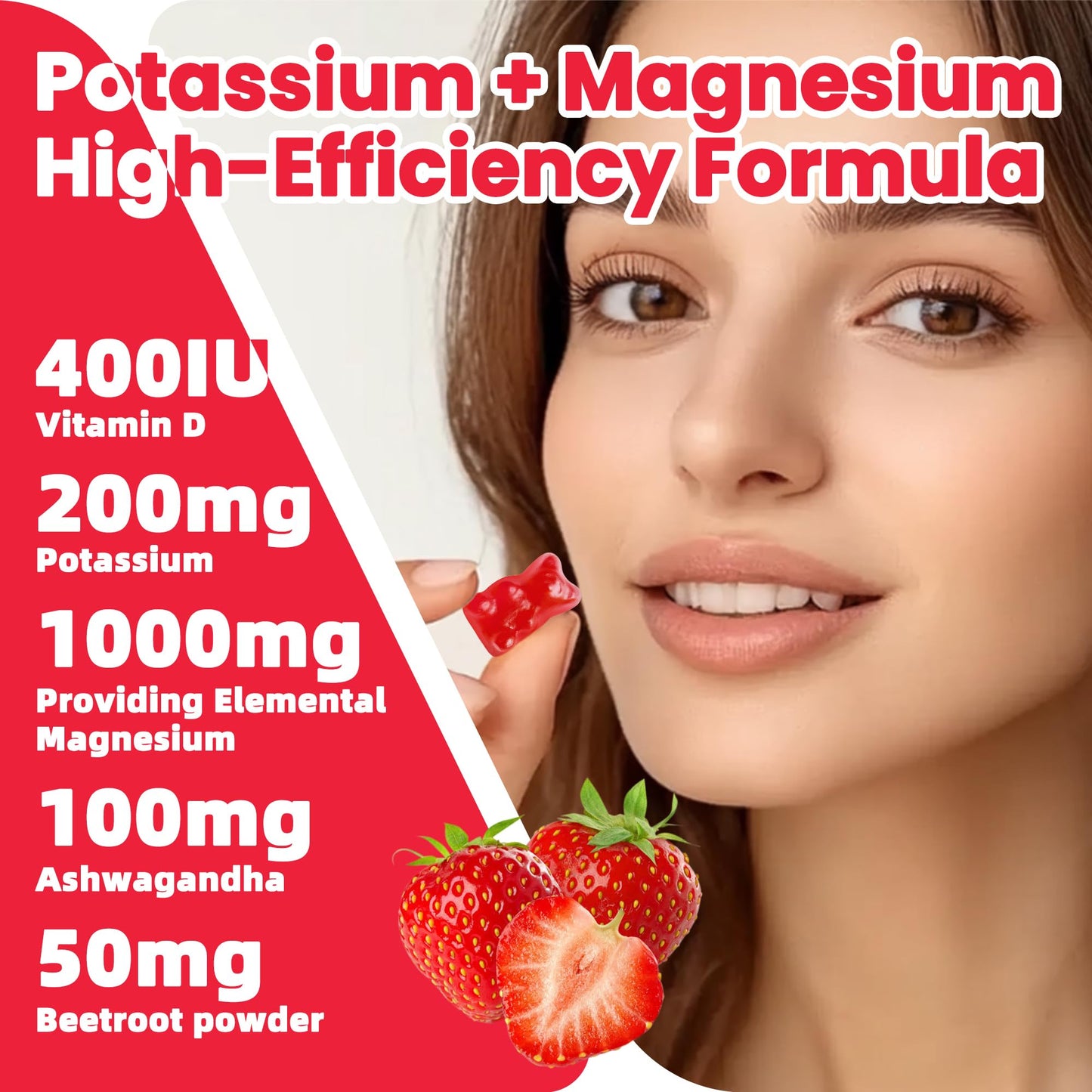 Potassium Magnesium Gummies with Ashwagandha – High Absorption Magnesium Glycinate, D3, B6 | Sugar-Free 120 Strawberry Chews