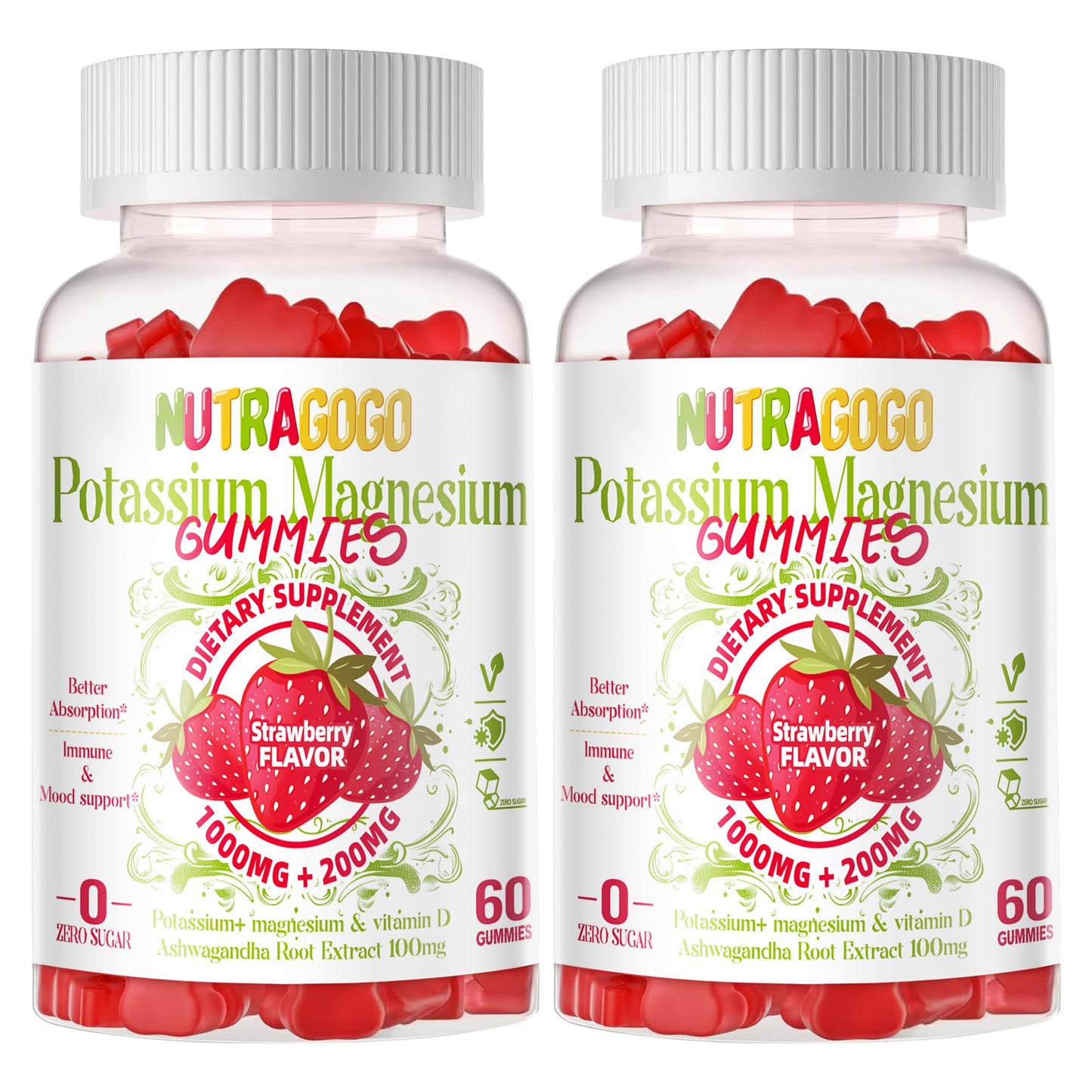 Potassium Magnesium Gummies with Ashwagandha – High Absorption Magnesium Glycinate, D3, B6 | Sugar-Free 120 Strawberry Chews