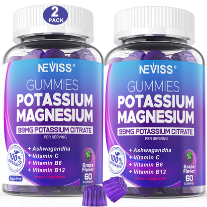 Potassium Magnesium Gummies - Ashwagandha 200mg, Mg Glycinate, B6 & B12 | Sugar-Free 2-Pack