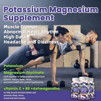 Potassium Magnesium Gummies - High Absorption Magnesium Glycinate, B6, D3, Potassium Citrate (Sugar-Free) Blueberry 60 Gummies