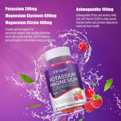 Potassium Magnesium Gummies 1200 mg for Adults | Sugar-Free High Absorption Magnesium Glycinate 180 Count