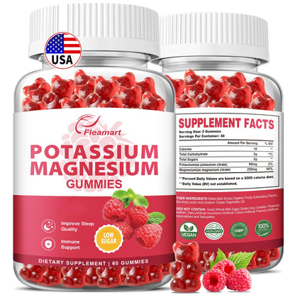 Potassium Magnesium Gummies – Potassium Citrate 99mg & Magnesium Citrate 250mg | Immune Support Raspberry, 60 Gummies (2 Pack)