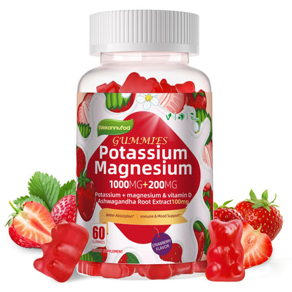 Potassium Magnesium Gummies – High Absorption Magnesium Glycinate, B6, D3, Potassium Citrate | Sugar-Free Strawberry Flavor, 60 Gummies
