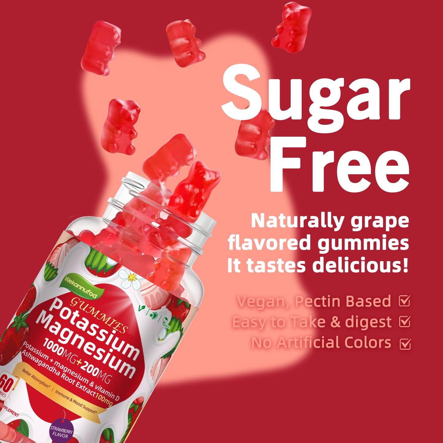 Potassium Magnesium Gummies – High Absorption Magnesium Glycinate, B6, D3, Potassium Citrate | Sugar-Free Strawberry Flavor, 60 Gummies