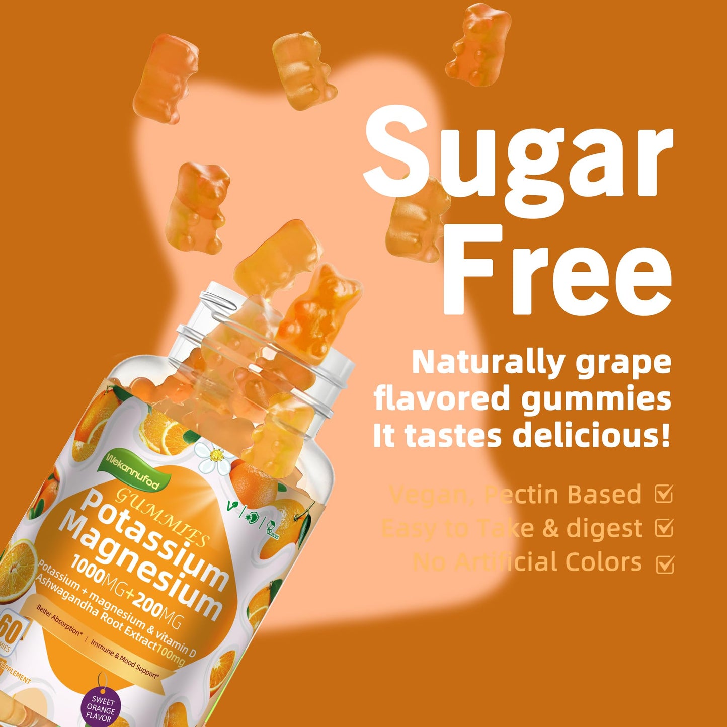Potassium Magnesium Gummies — High Absorption Magnesium Glycinate, Vitamin D3 & B6 | Sugar-Free 60 Gummies (Sweet Orange)