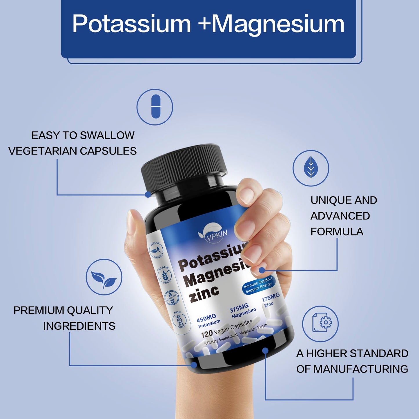 Potassium Magnesium 1000mg Supplement – Vegan, Non-GMO, 120 Capsules