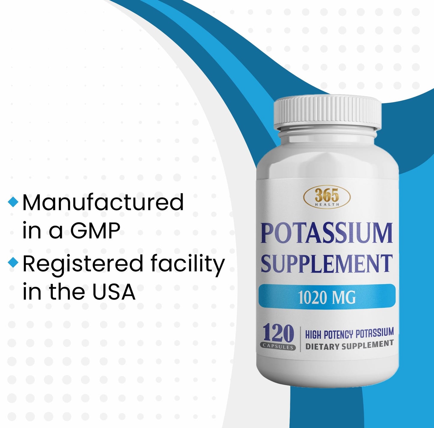 365 Health Potassium Supplement 1020 mg | Potassium Bicarbonate | Non-GMO | Gluten Free | Made in USA | 120 Vegetarian Capsules