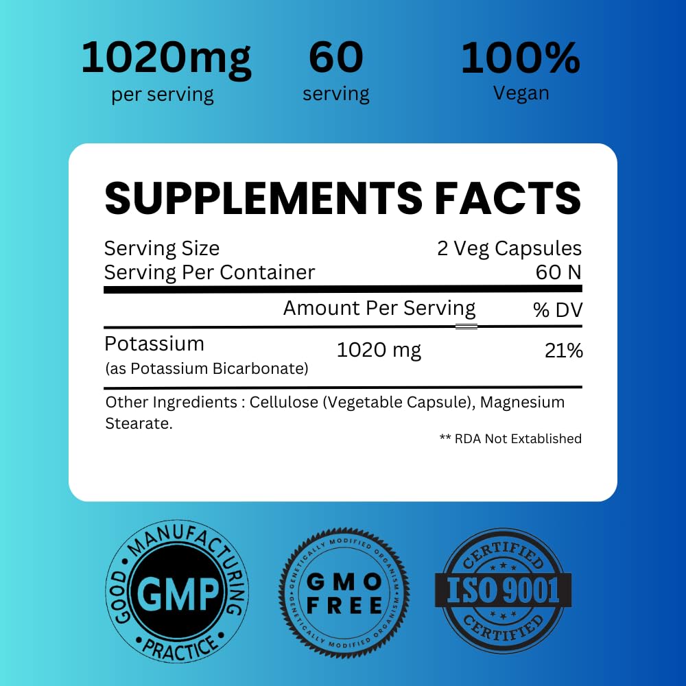 Potassium Supplement 1020mg – High Absorption, 120 Capsules