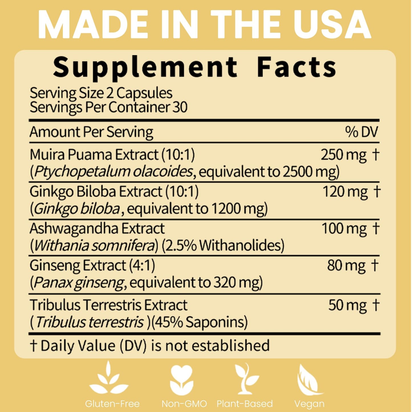 Potency Wood – Ginseng, Ashwagandha, Ginkgo & Tribulus – 60 Caps | Made in USA