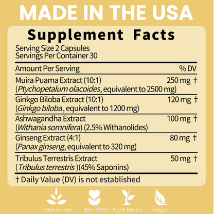 Potency Wood – Ginseng, Ashwagandha, Ginkgo & Tribulus – 60 Caps | Made in USA
