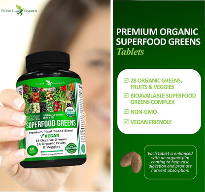 Potent Garden Organic Superfood Greens – Fruit & Veggies Tablets (60 Count) | Boost Energy, Immunity & Gut Health