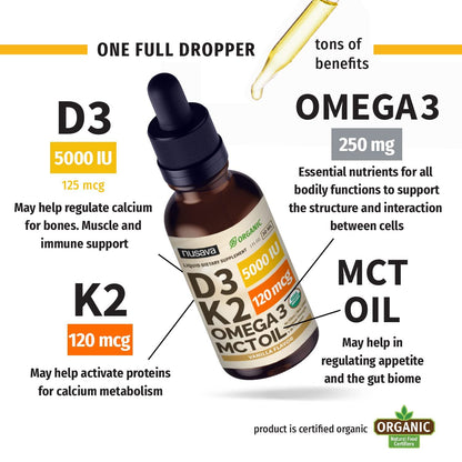 (2 Pack) Organic Vitamin D3 K2 Drops with MCT Oil | 5000 IU, Non-GMO, Vanilla