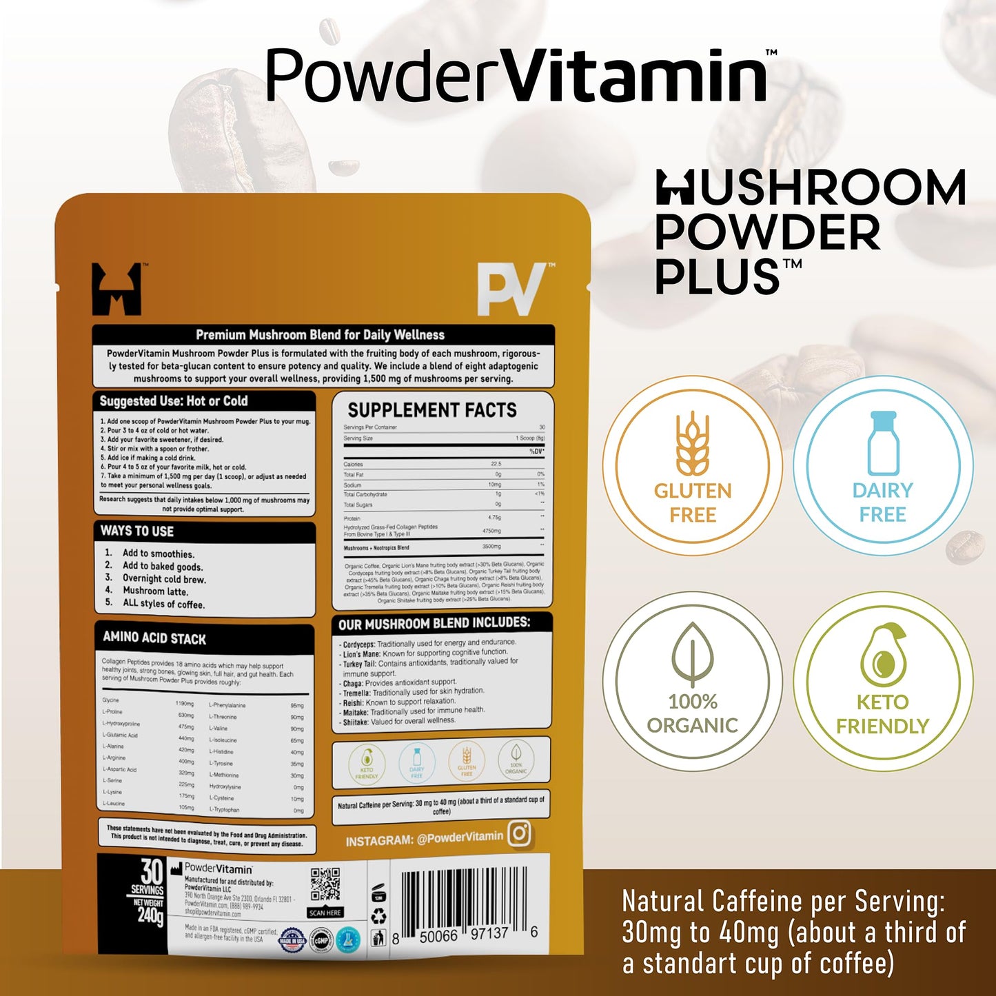 PowderVitamin Organic Mushroom Coffee with Grass-Fed Collagen Energy