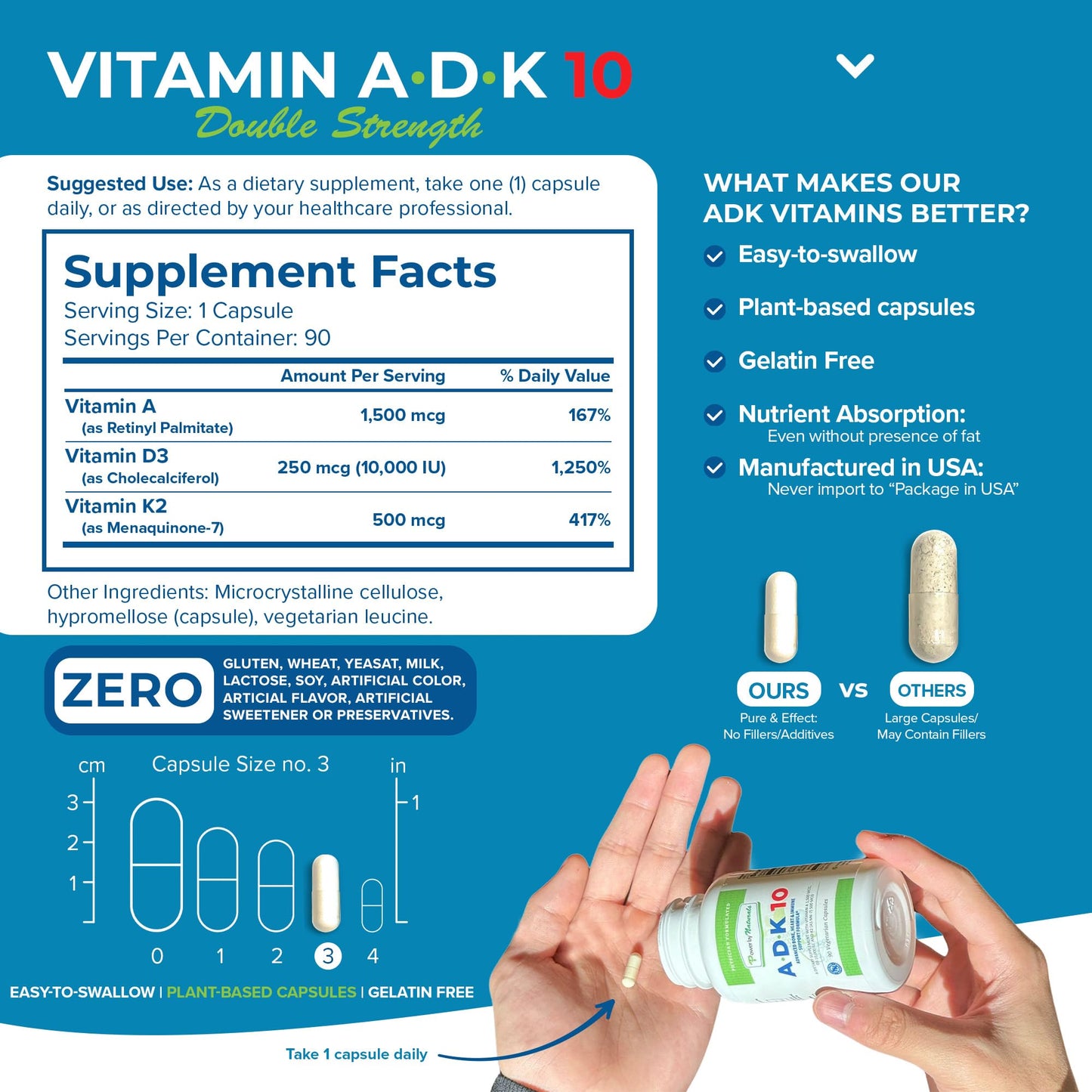 Power By Naturals ADK 10 – High Potency Vitamin A D3 K2 (90 Caps, 2-Pack)