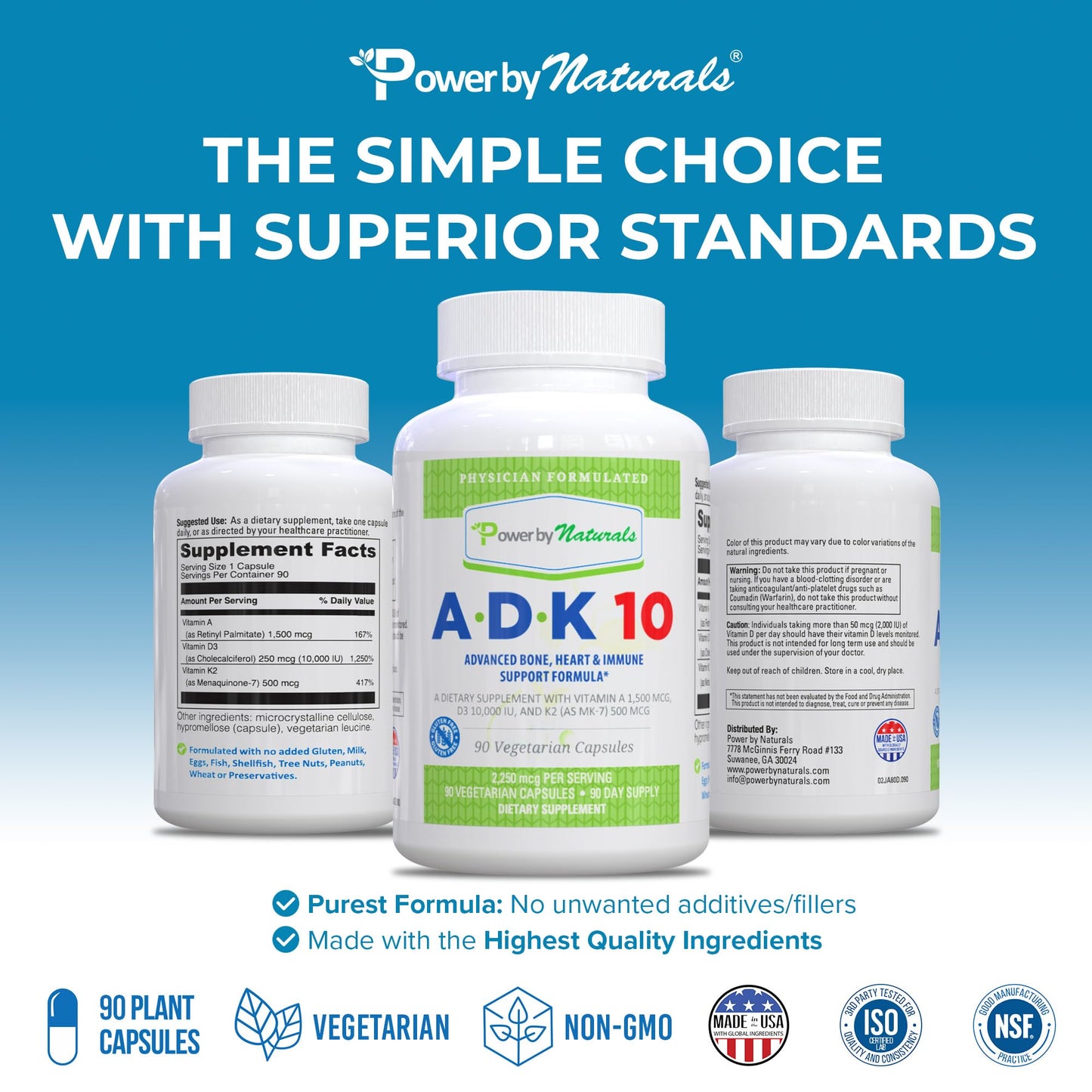 Power By Naturals ADK 10 – High Potency Vitamin A D3 K2 (90 Caps, 2-Pack)