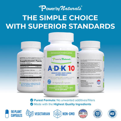 Power By Naturals ADK 10 – High Potency Vitamin A D3 K2 (90 Caps, 2-Pack)