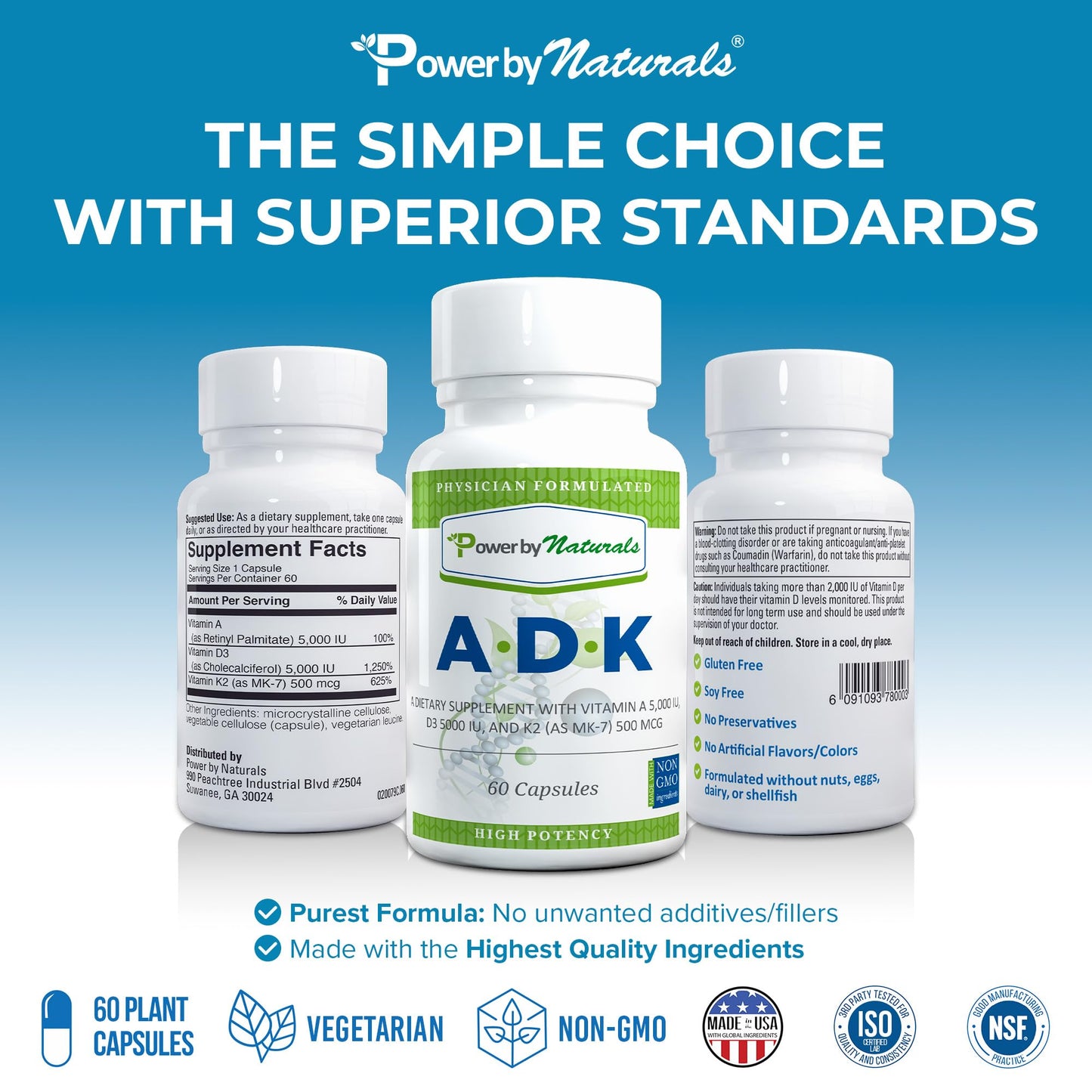 Power By Naturals ADK Vitamin Supplement 60 Capsules - High Potency A D3 K2 5000 IU