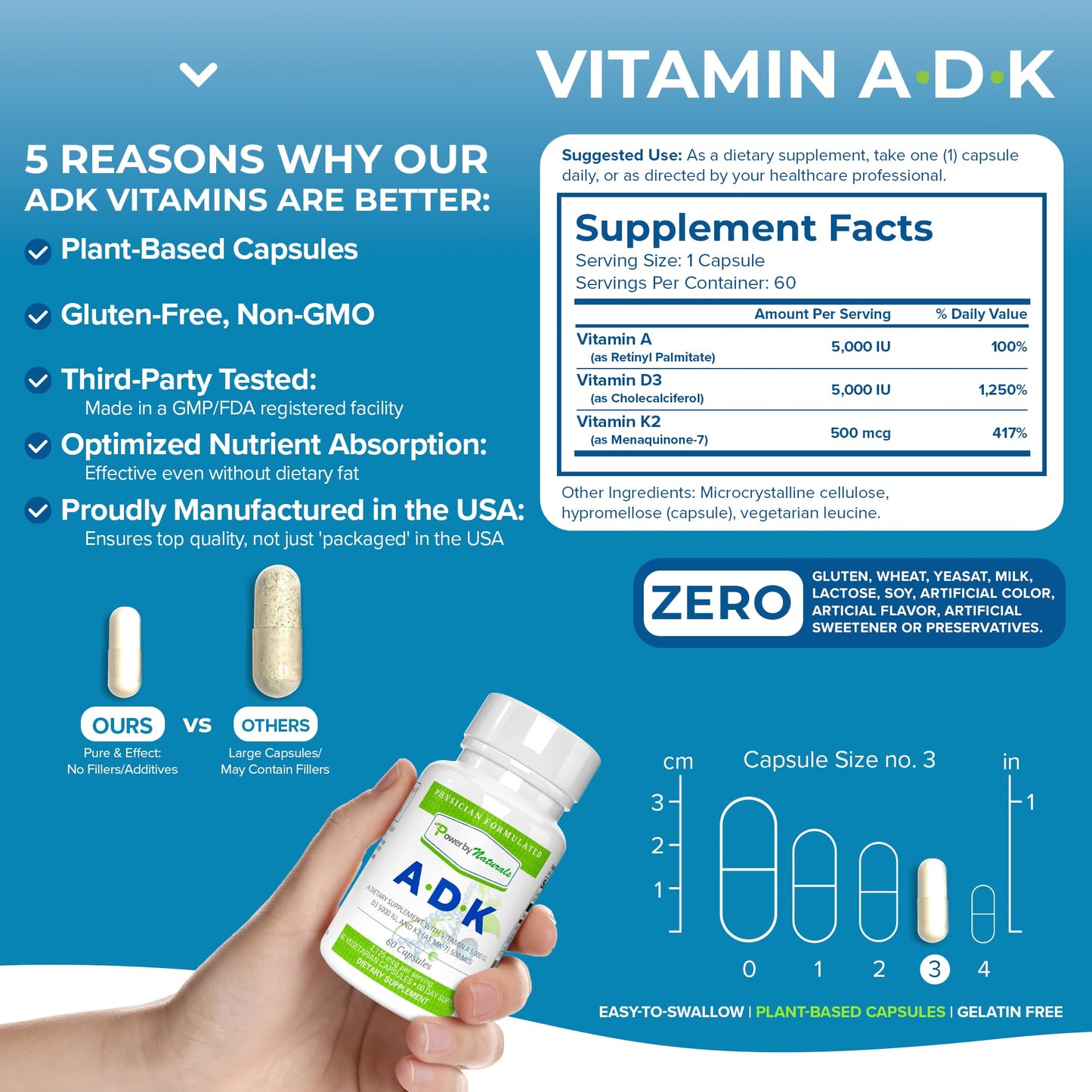 Power By Naturals ADK Vitamin Supplement 60 Capsules - High Potency A D3 K2 5000 IU