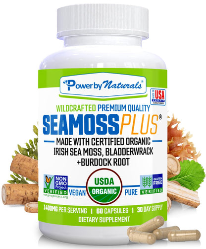 Power By Naturals SeaMoss Plus – USDA Organic Irish Sea Moss Capsules with Bladderwrack & Burdock Root (60 Count)