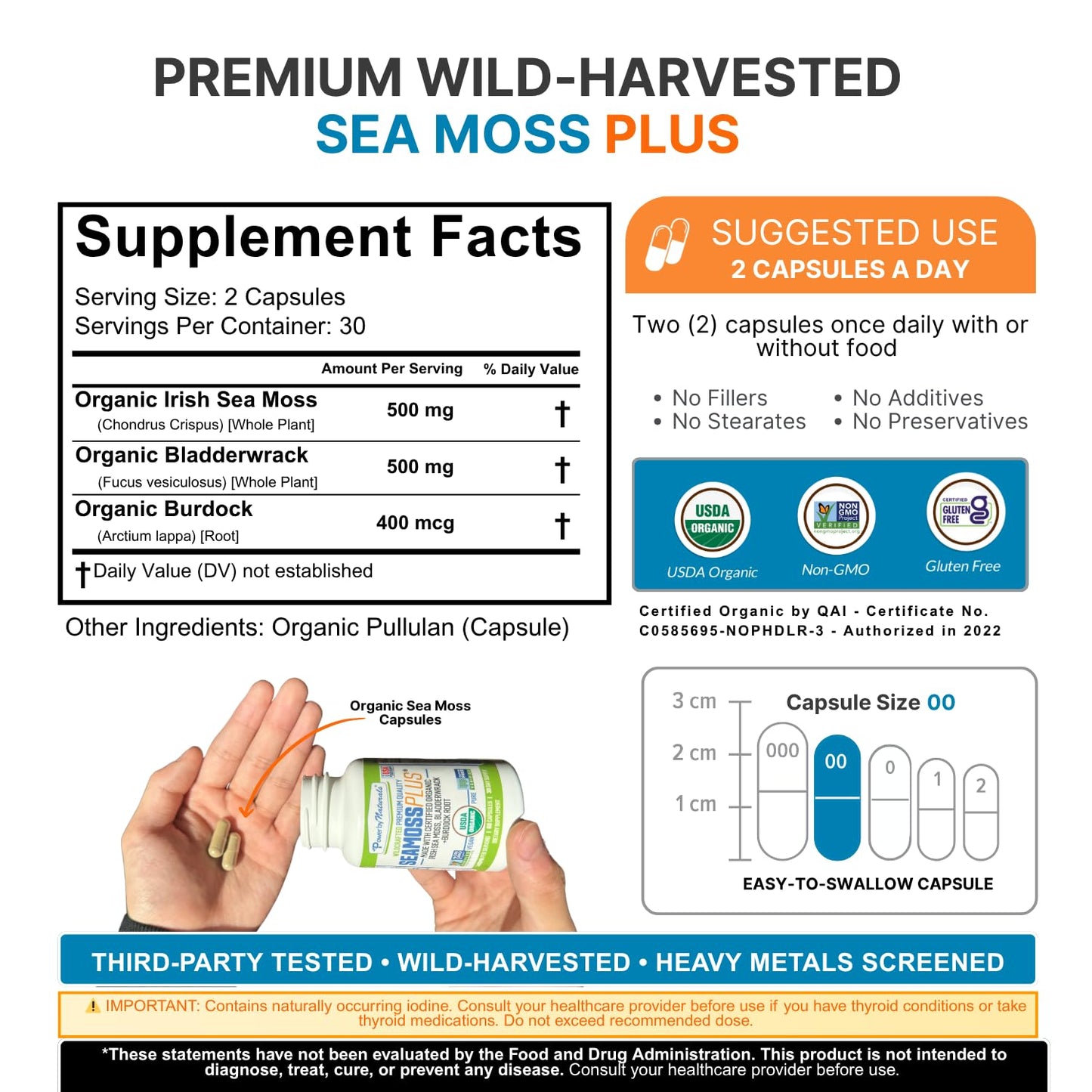 Power By Naturals SeaMoss Plus – USDA Organic Irish Sea Moss Capsules with Bladderwrack & Burdock Root (60 Count)