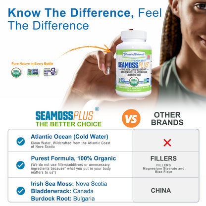 Power By Naturals SeaMoss Plus – USDA Organic Irish Sea Moss Capsules with Bladderwrack & Burdock Root (60 Count)