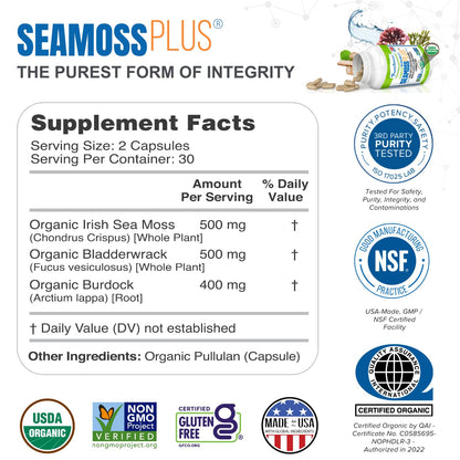 Power By Naturals Sea Moss Plus – Organic Irish Sea Moss with Bladderwrack & Burdock Root, 60 Capsules, 2 Pack