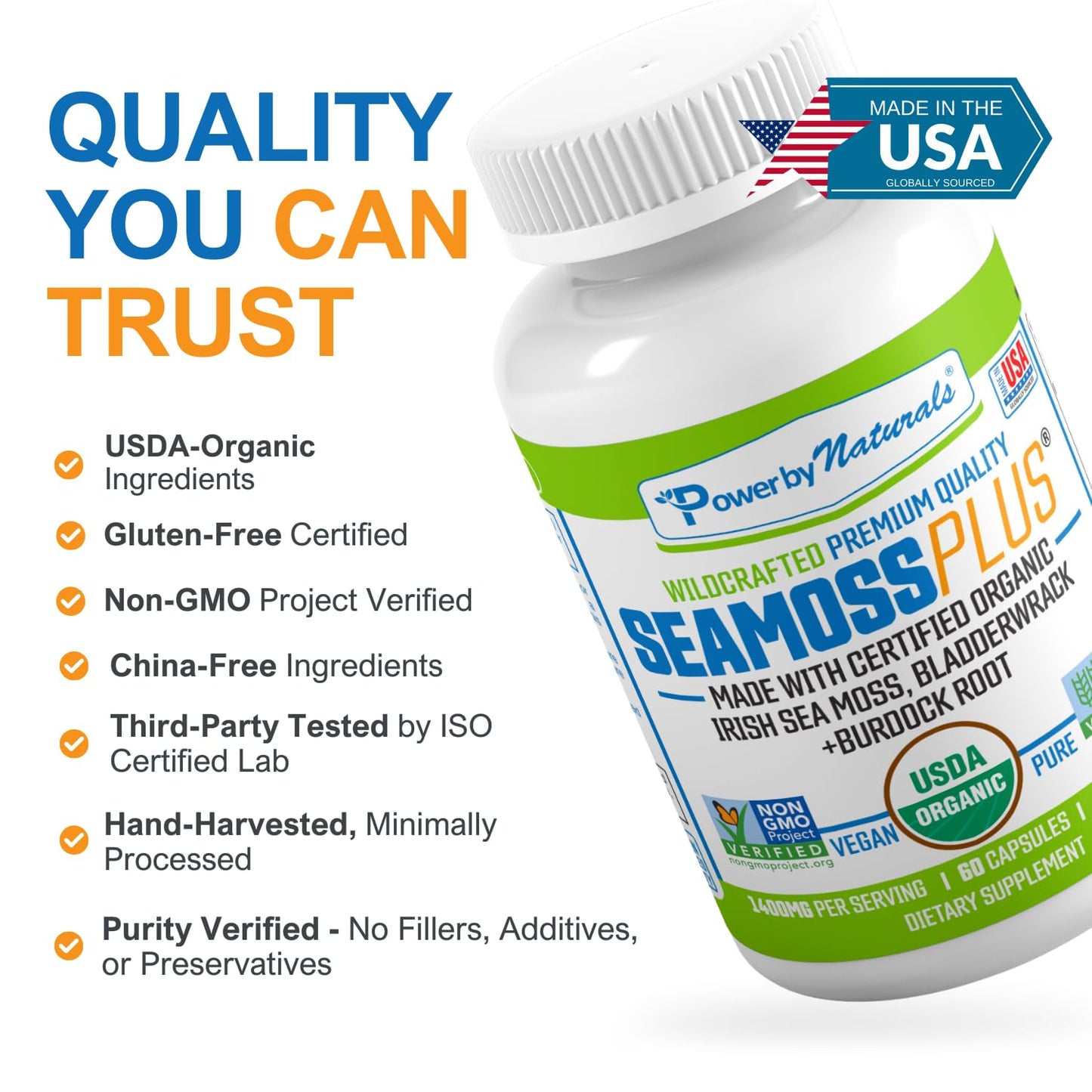 Power By Naturals SeaMoss Plus – USDA Organic Irish Sea Moss Capsules with Bladderwrack & Burdock Root (60 Count)