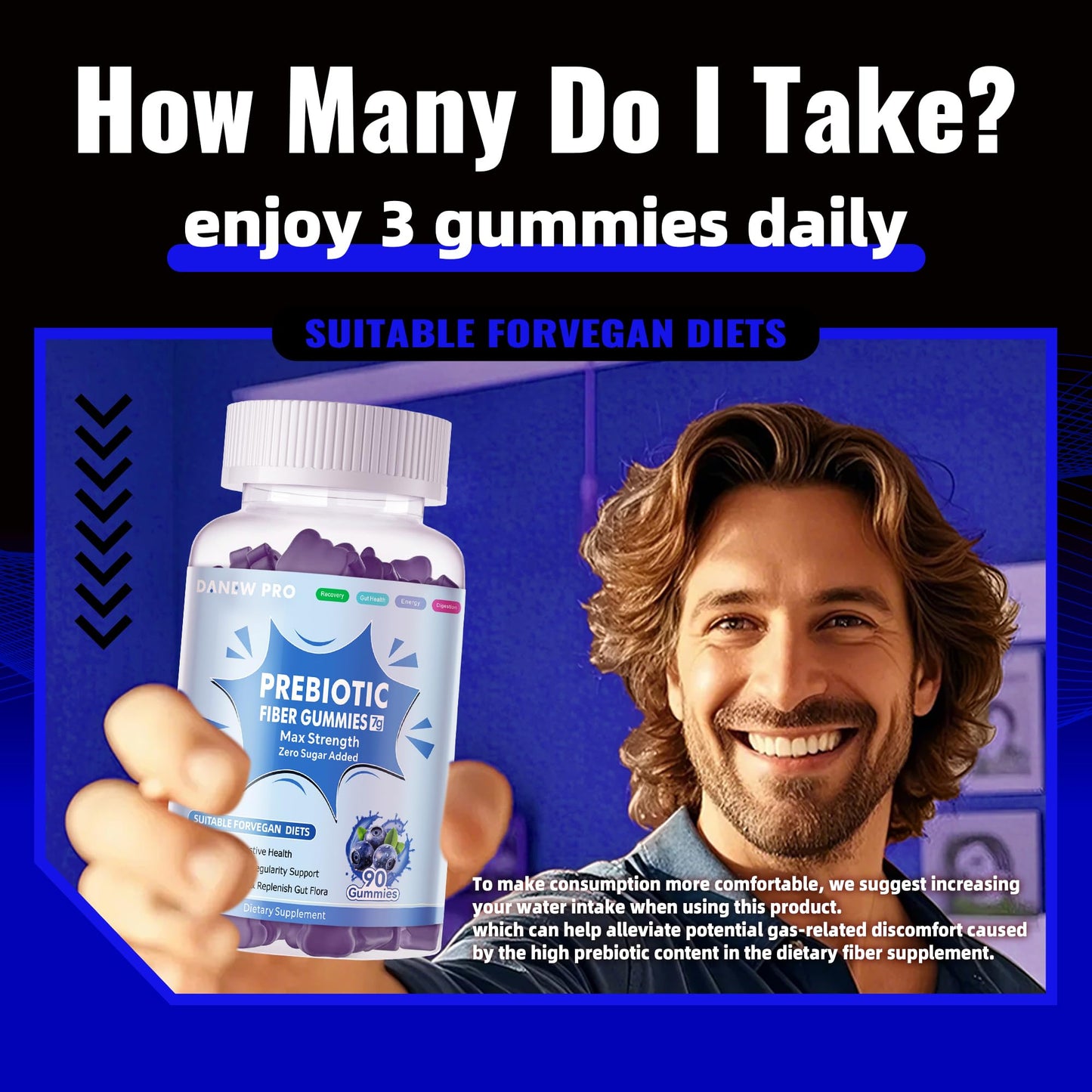 Prebiotic Fiber Gummies for Adults – 7g Per Serving, Zero Sugar Added, 90 Gummies per Bottle, Pectin Based, Blueberry Flavor – 2-Pack