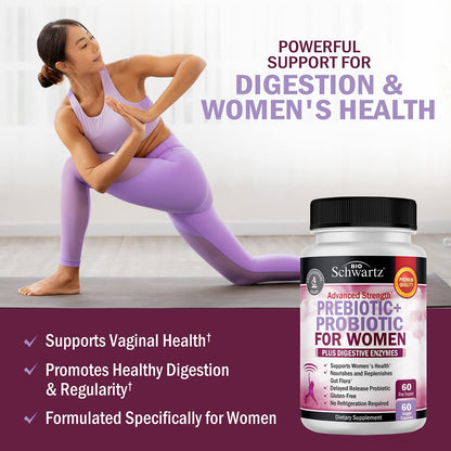 Prebiotics & Probiotics for Women with Black Cohosh & Red Clover – Gut, Vaginal & Immune Support (60 Count)