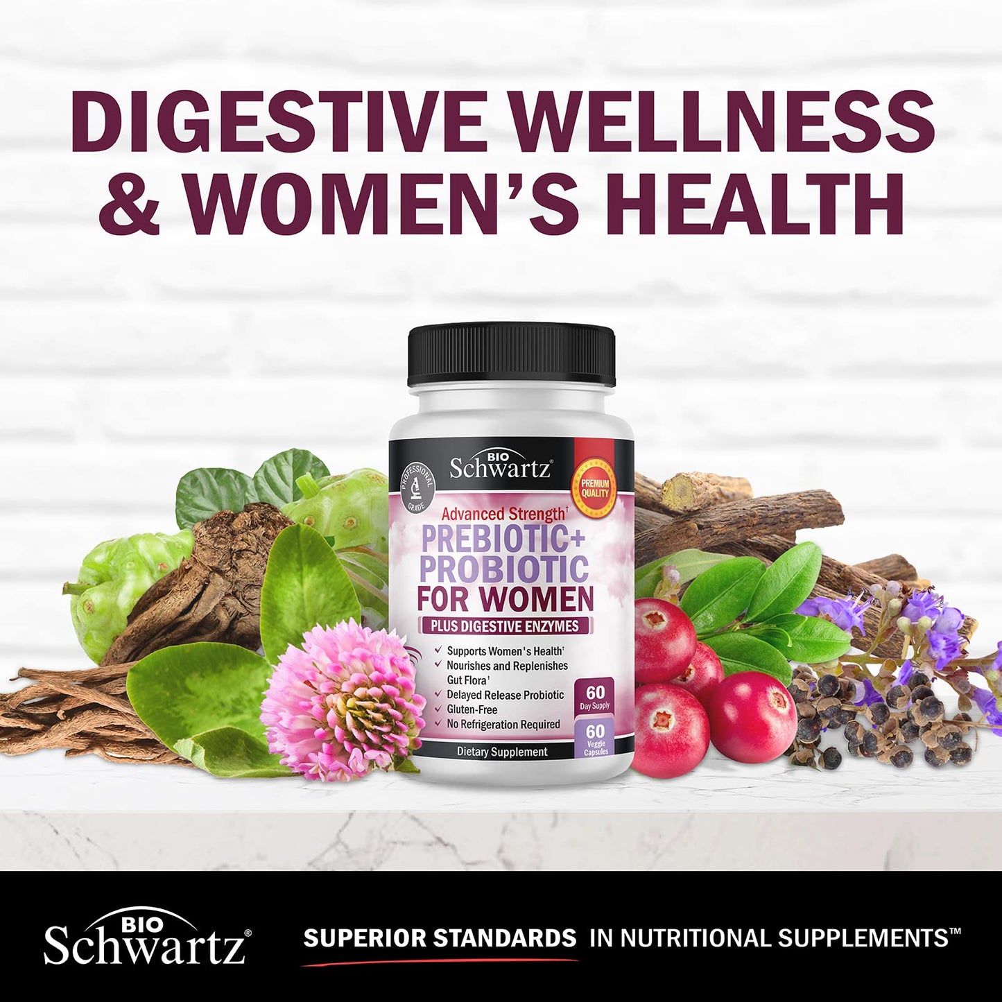 Prebiotics & Probiotics for Women with Black Cohosh & Red Clover – Gut, Vaginal & Immune Support (60 Count)
