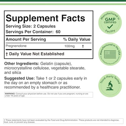 Pregnenolone 100mg per Serving — 120 Capsules (50mg per Capsule) Non-GMO, Third-Party Tested | Double Wood