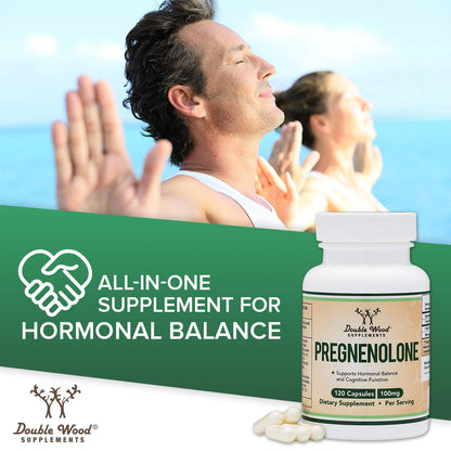 Pregnenolone 100mg per Serving — 120 Capsules (50mg per Capsule) Non-GMO, Third-Party Tested | Double Wood