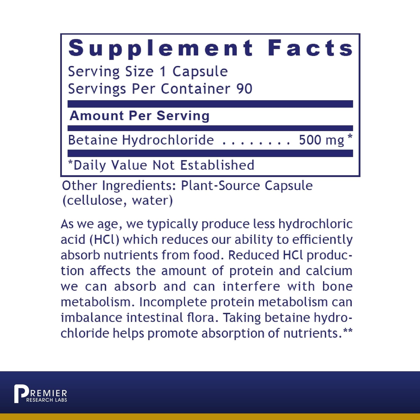 Premier HCL Betaine HCL | Digestive Support & Nutrient Absorption | 90 Vegetarian Capsules