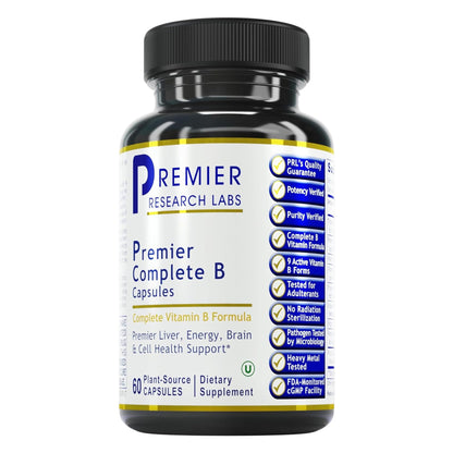 Premier Research Labs Complete B Vitamin Complex - 9 Active B Vitamins for Liver, Energy & Brain Support | 60 Caps