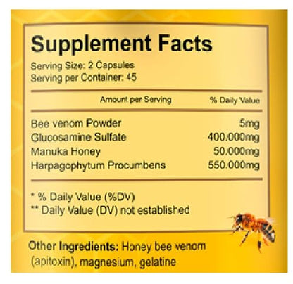 Premium Natural Bee Venom with Glucosamine Sulfate – 90 Capsules | Apitoxin & Manuka Honey Dietary Supplement