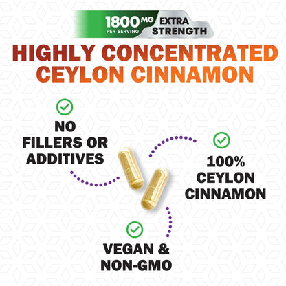 Organic Ceylon Cinnamon 1800mg Supplement – 240 Capsules (USA Bottled)